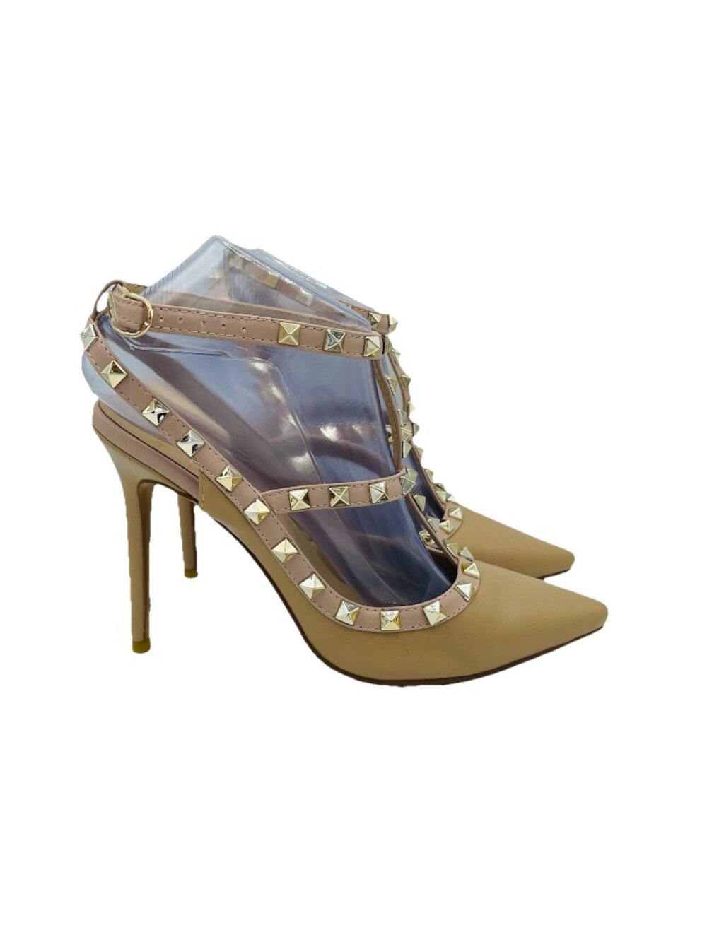 Vocosi Shoes Womens Size 7.5 Beige Tan Stiletto Heels Studded Ankle Strappy